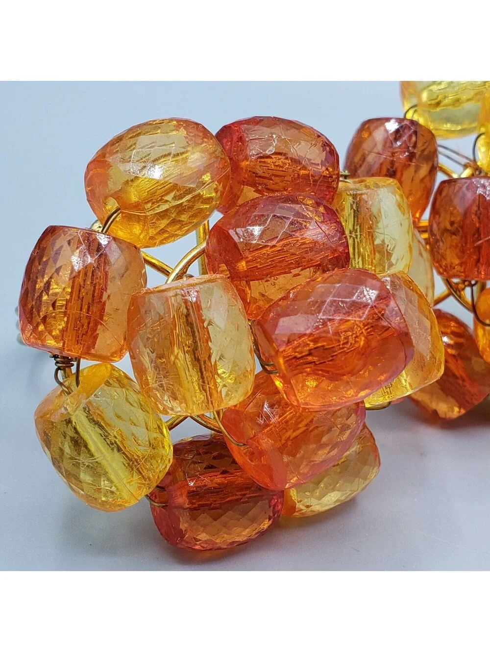 4 Orange Yellow Beaded Napkin Rings Faceted Gold Metal Wire Wrapped Spring